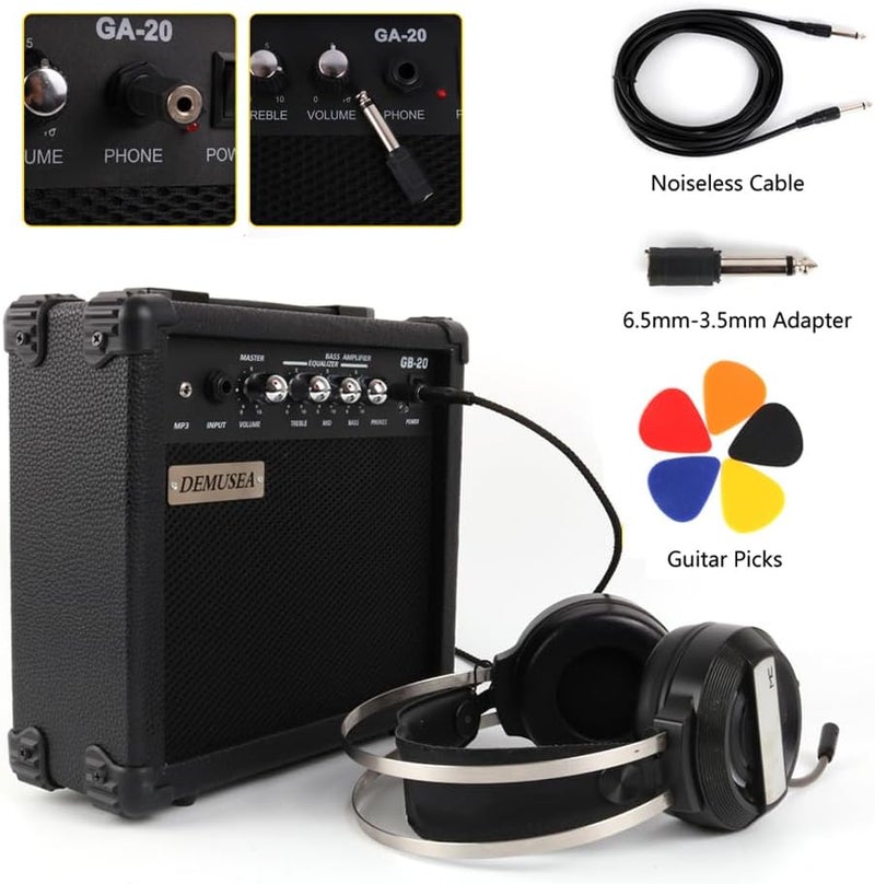 demusea 20W Watt Electric Bass Guitar Black Amplifier Portable Travel Mini Practic Amp Headphone Jack Aux Treble Middle Bass Mp3 with Cable Adapter Guitar Picks in - Image 5